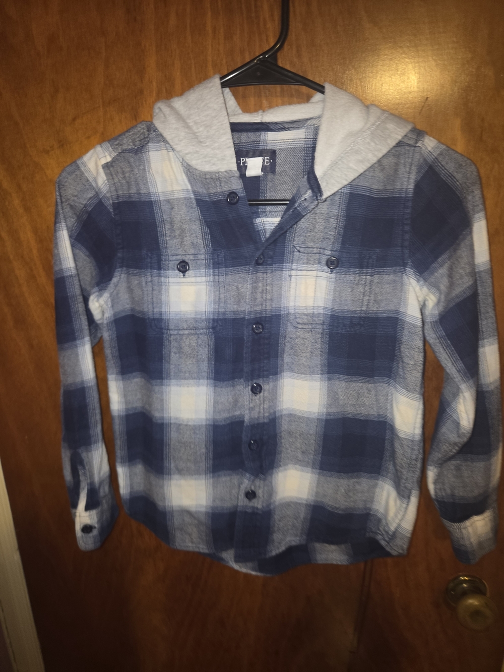 The Children's Place Boys Navy Blue Plaid Hooded Flannel Shirt Size 7/8